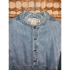 Vtg Stetson Men's XL Shirt Blue Chambray Cotton Blue Grandpa Collarless Worker
